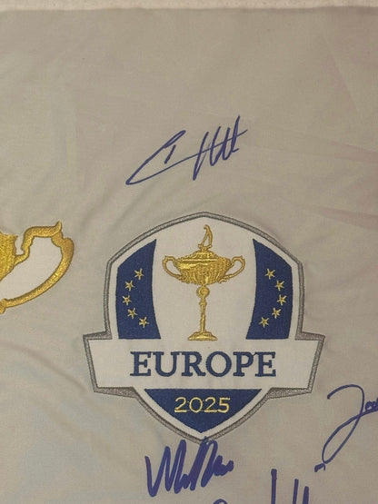 Team Europe Signed 2025 Ryder Cup Pin Flag All 12 Players JSA LOA Rory McIlroy-Right Off The Field
