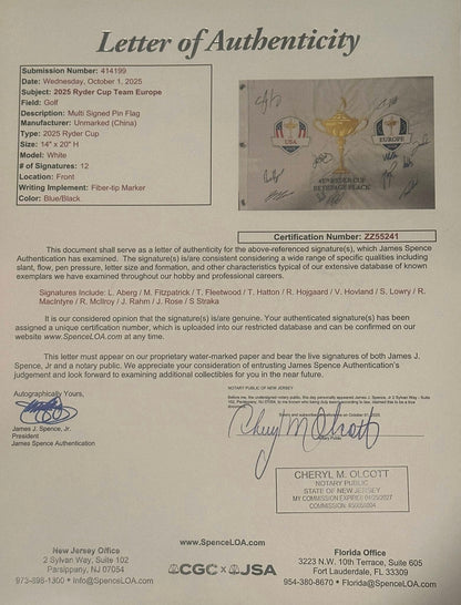 Team Europe Signed 2025 Ryder Cup Pin Flag All 12 Players JSA LOA Rory McIlroy-Right Off The Field
