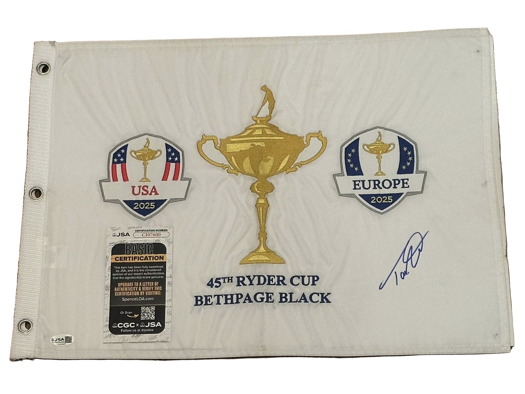 Tommy Fleetwood Autographed 2025 Ryder Cup Pin Flag Team Europe JSA COA-Right Off The Field